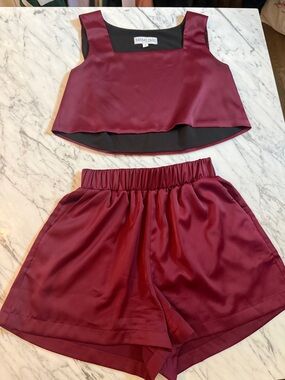 Burgundy Satin High-Waist Women’s Shorts & Tank Elastic Waist Set